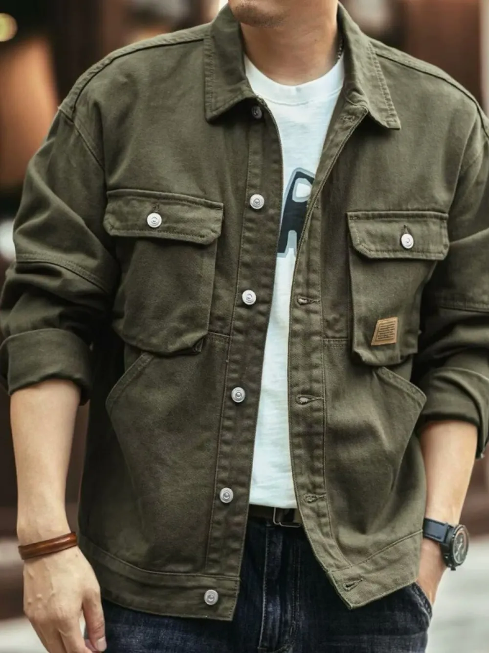 Men's Washed Collared Neck Cargo Jacket, image 6
