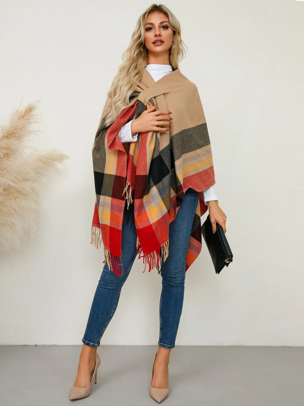 Fringe Contrast Plaid Poncho, image 7