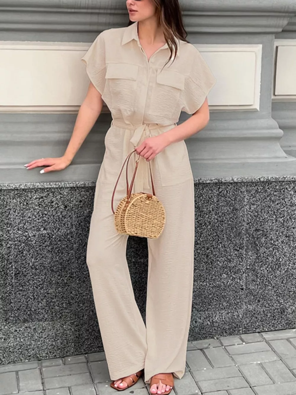 Chest Pocket Short Sleeve Wide Leg Jumpsuit, image 3