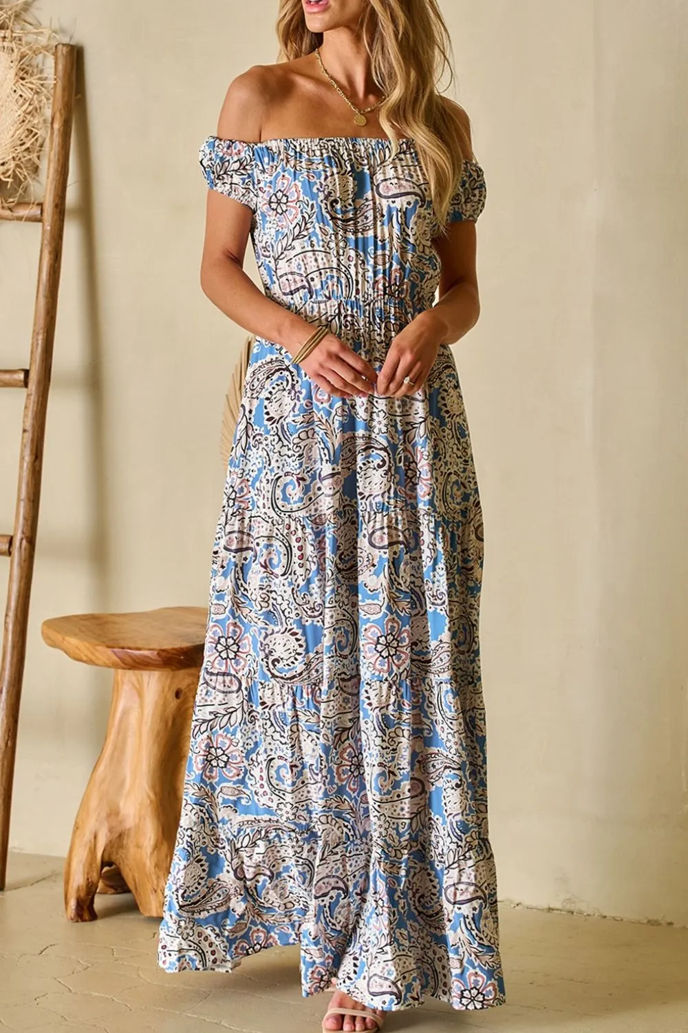 Boho Paisley Print Off Shoulder Maxi Dress, image 6