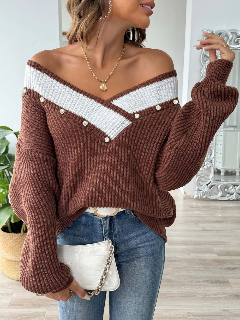 Contrast Trim Dropped Shoulder Long Sleeve Sweater, image 12