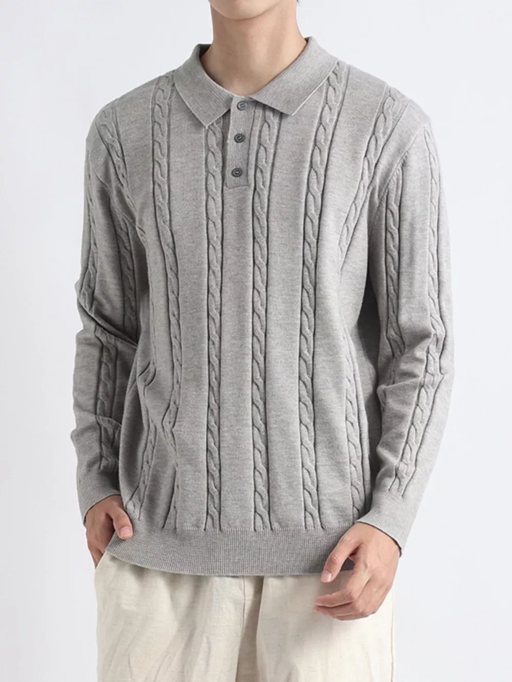 Men's Plus Size Cable-Knit Polo Collar Sweater, image 11