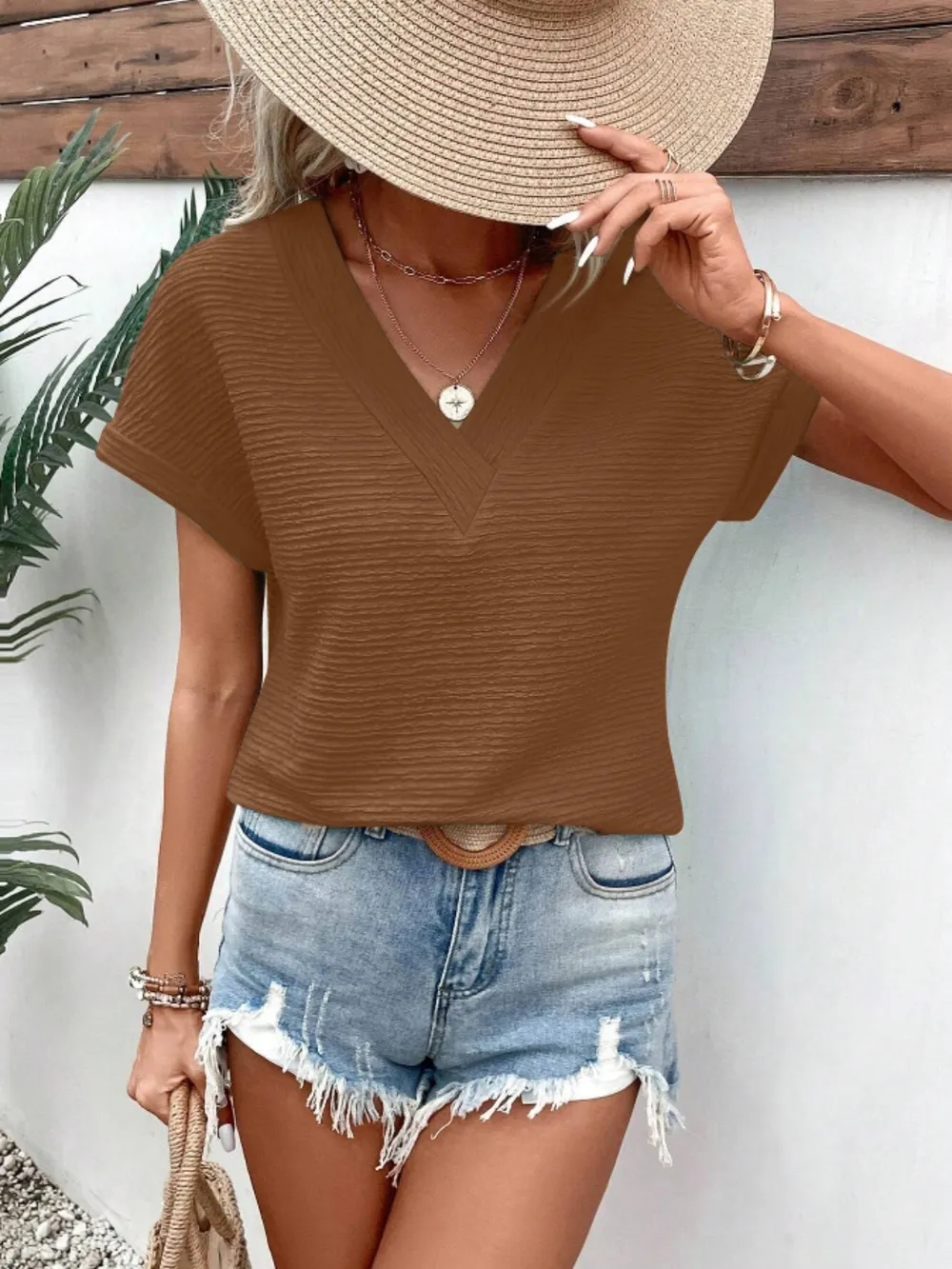 Textured Solid Color Short Sleeve Top, image 19
