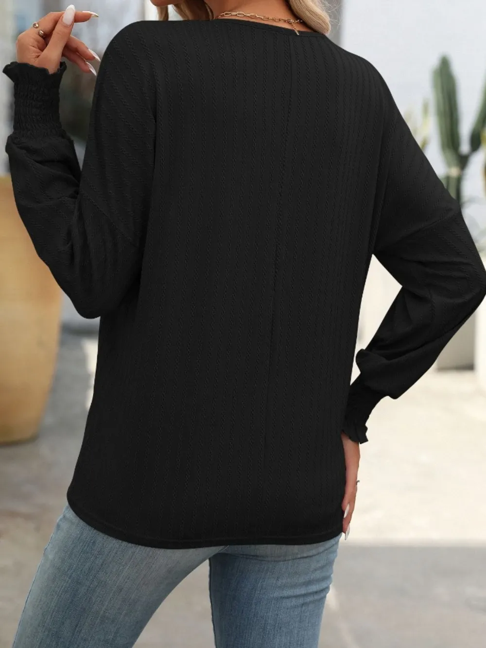 Textured Notched Lantern Sleeve T-Shirt, image 15