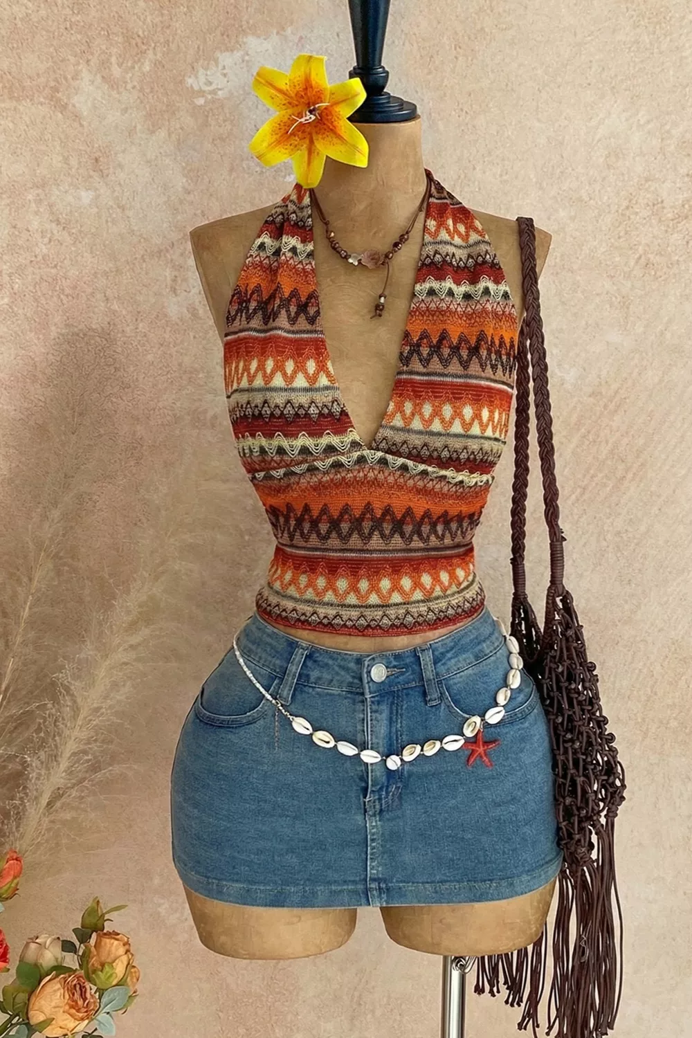 Ethnic Print Halter Neck Cami