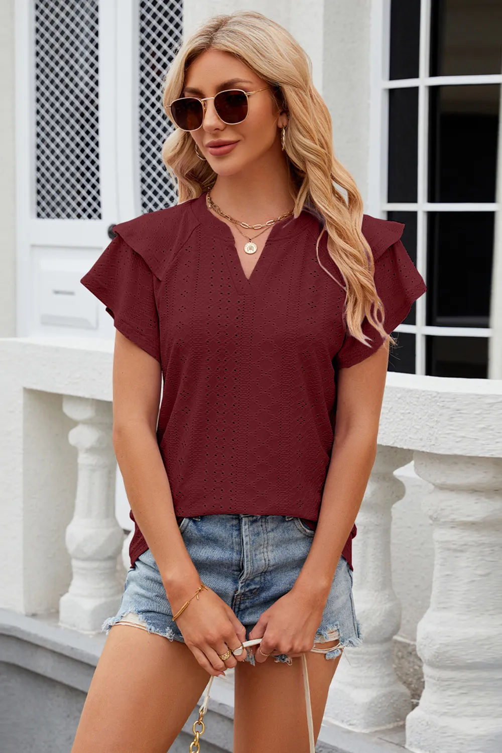 Eyelet Notched Short Sleeve T-Shirt, image 11