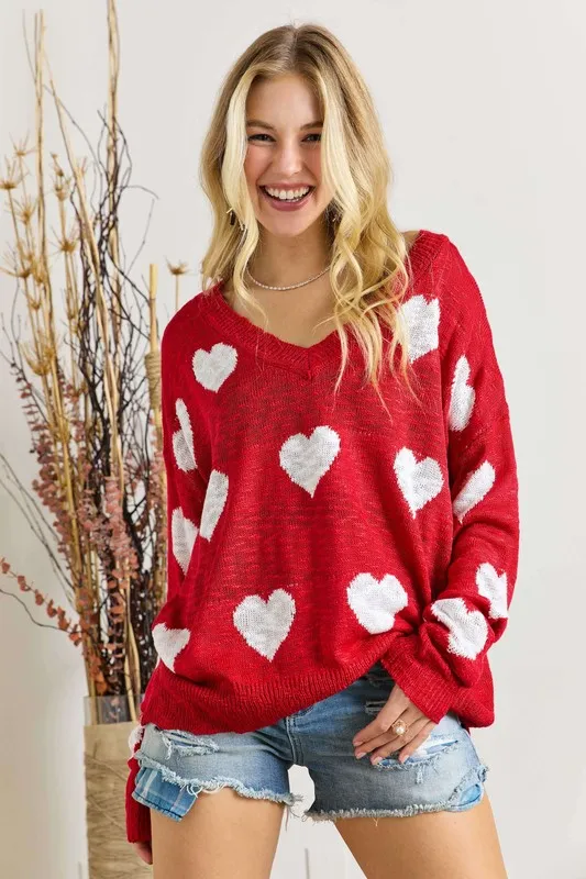 Full Size Heart V-Neck Knit Top Plus Size, image 6