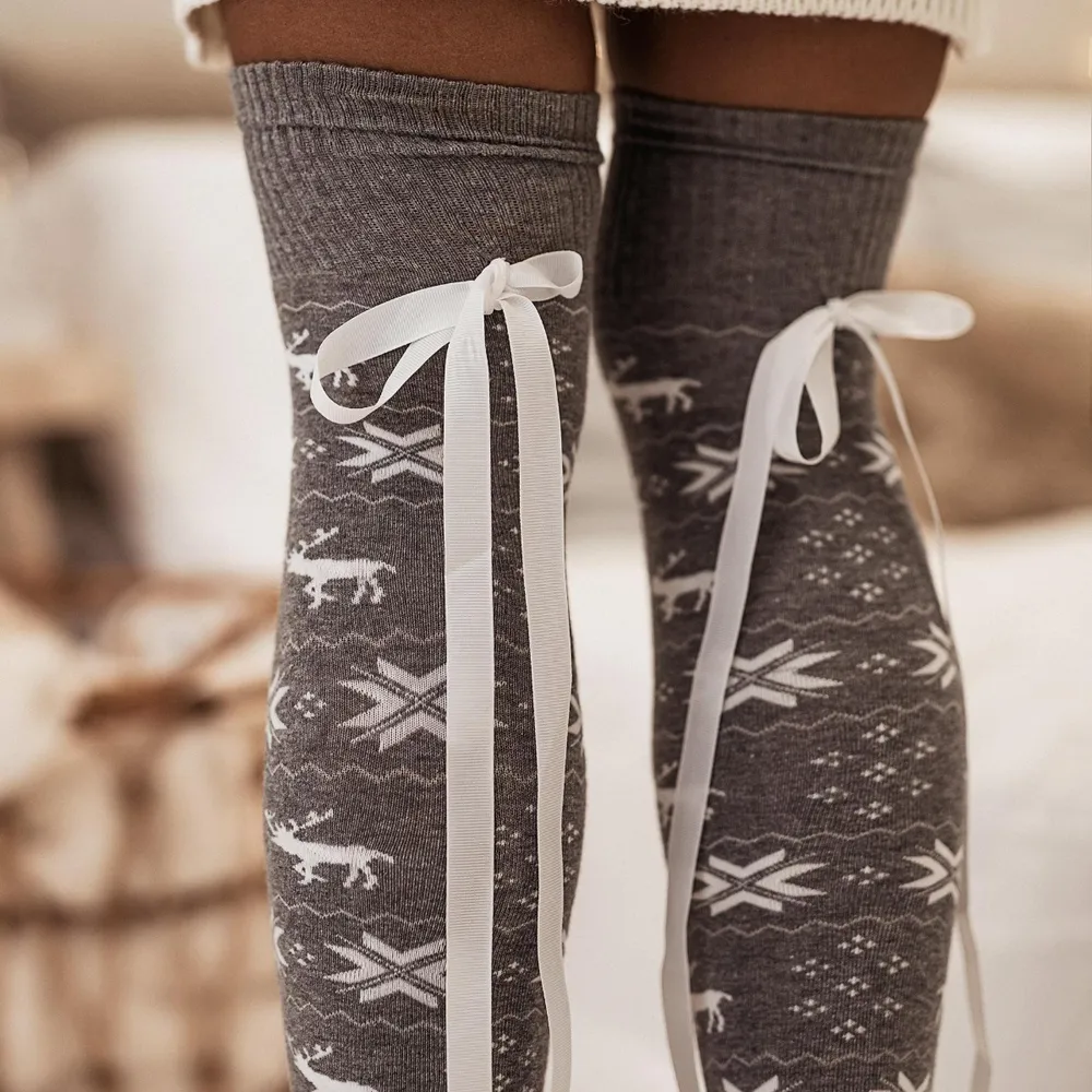 Christmas Element Bowknot Ribbed Trim Over Knee Stockings, image 8