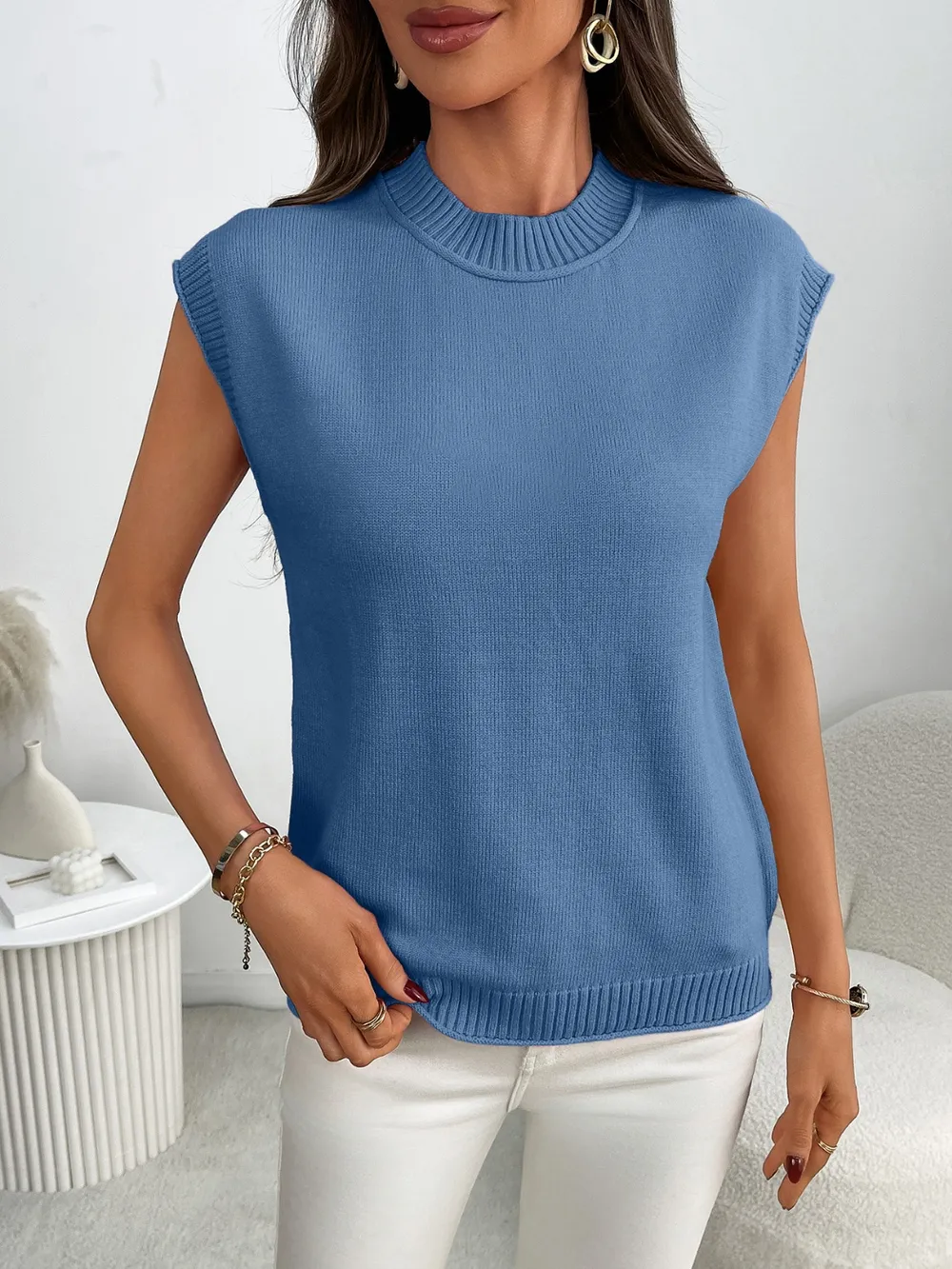 Mock Neck Cap Sleeve Knit Top, image 6