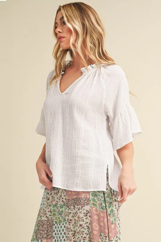 Side Slit Notched Ruffled Half Sleeve Blouse, image 5