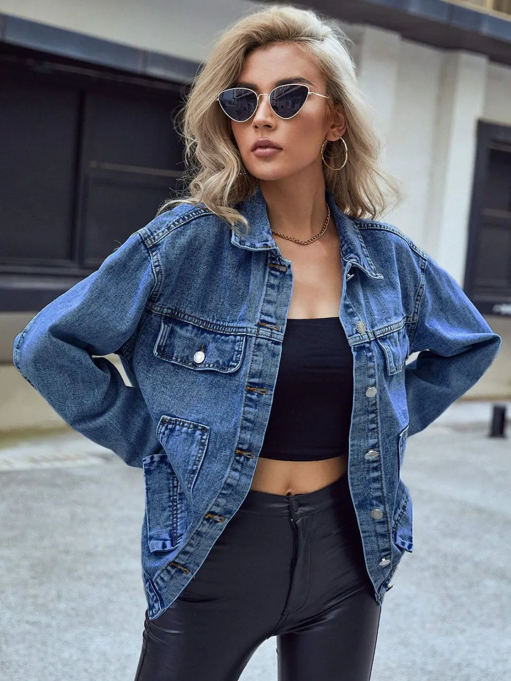 Pocketed Button Down Collared Neck Denim Top, image 3