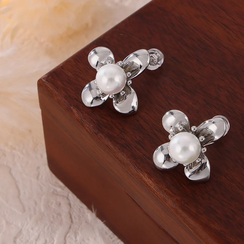 Synthetic Pearl Titanium Steel Flower Earrings, image 8