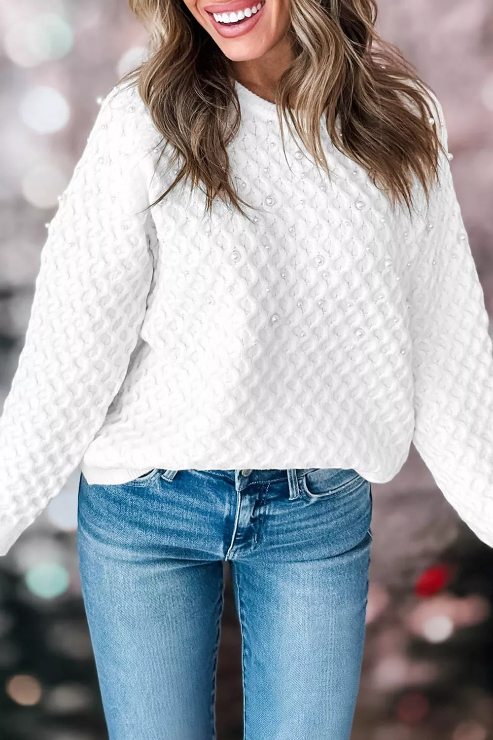 Solid Textured Knit Pearl Embellished Pullover Sweater, image 3