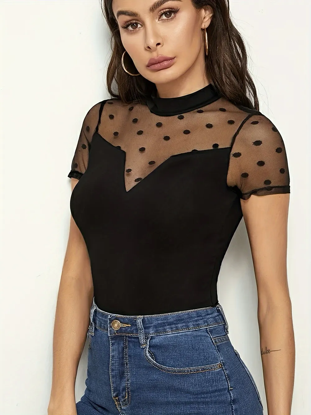 Mesh Polka Dot Mock Neck Top, image 2