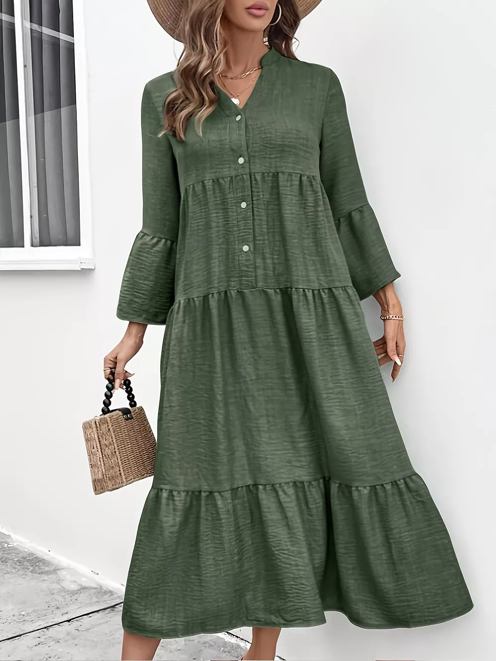 Button Front Tiered Midi Dress, image 5