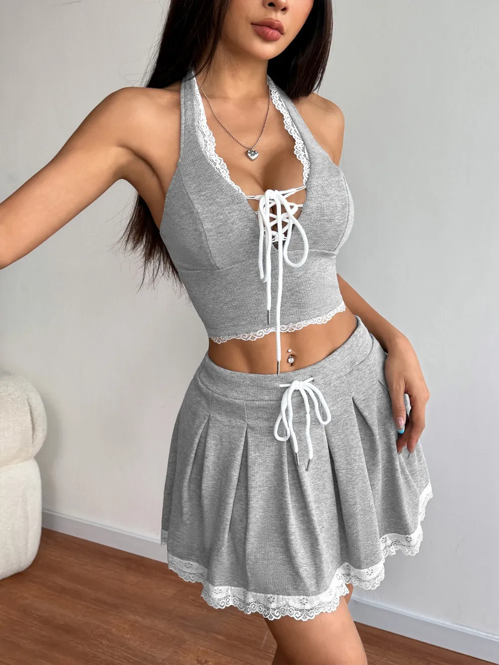 Lace Up Halter Neck Top and Skirt Set, image 6