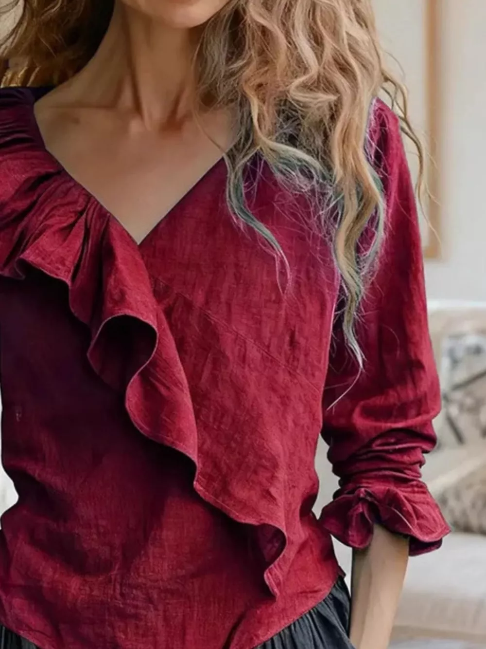 V-Neck Ruffled Long Sleeve Blouse, image 9