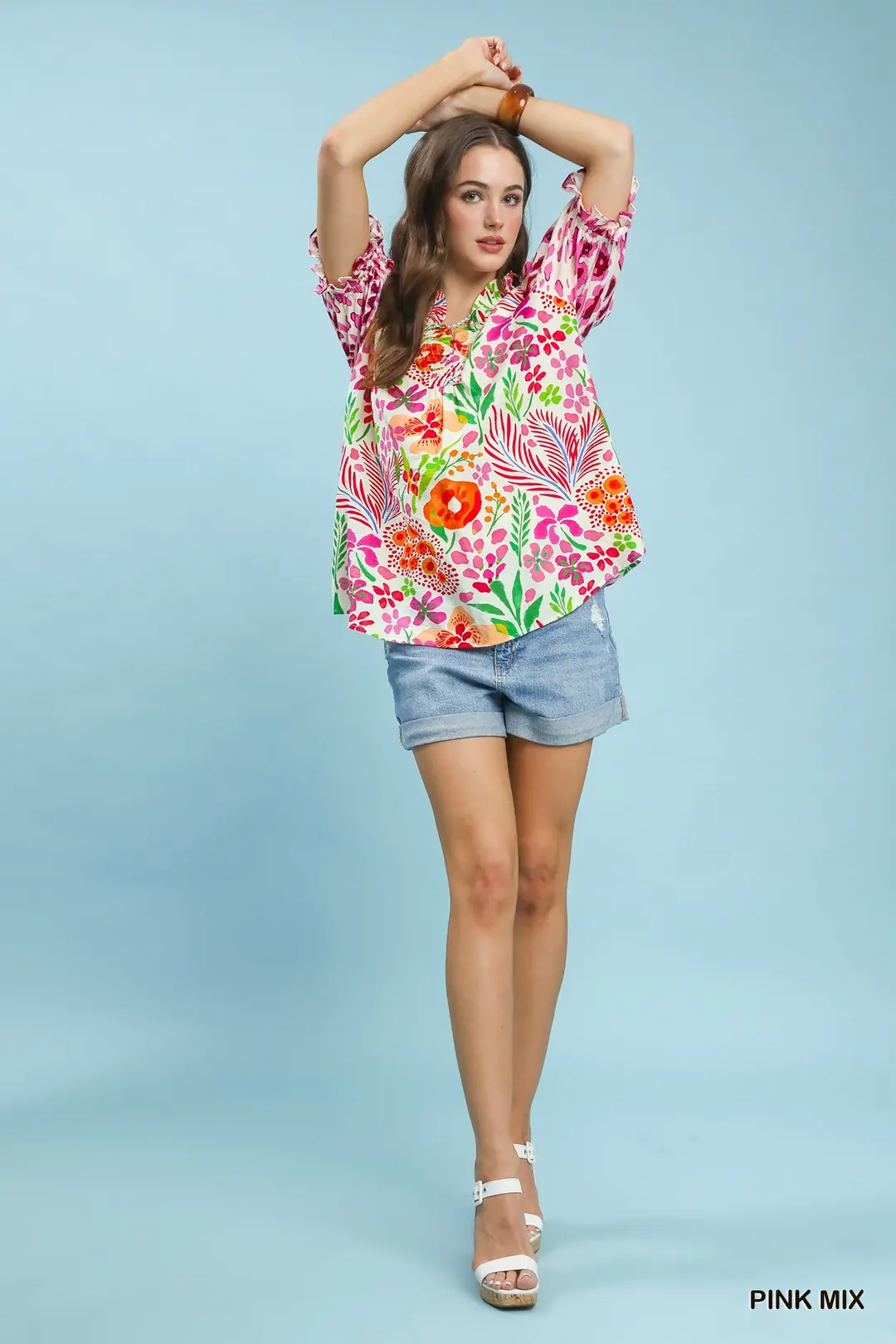 V-Neck Ruffle Trim Puff Sleeve Top, image 4