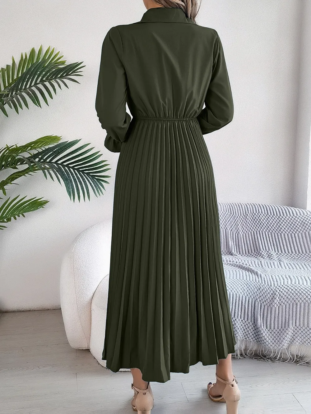 Pleated Half Button Long Sleeve Midi Dress, image 15