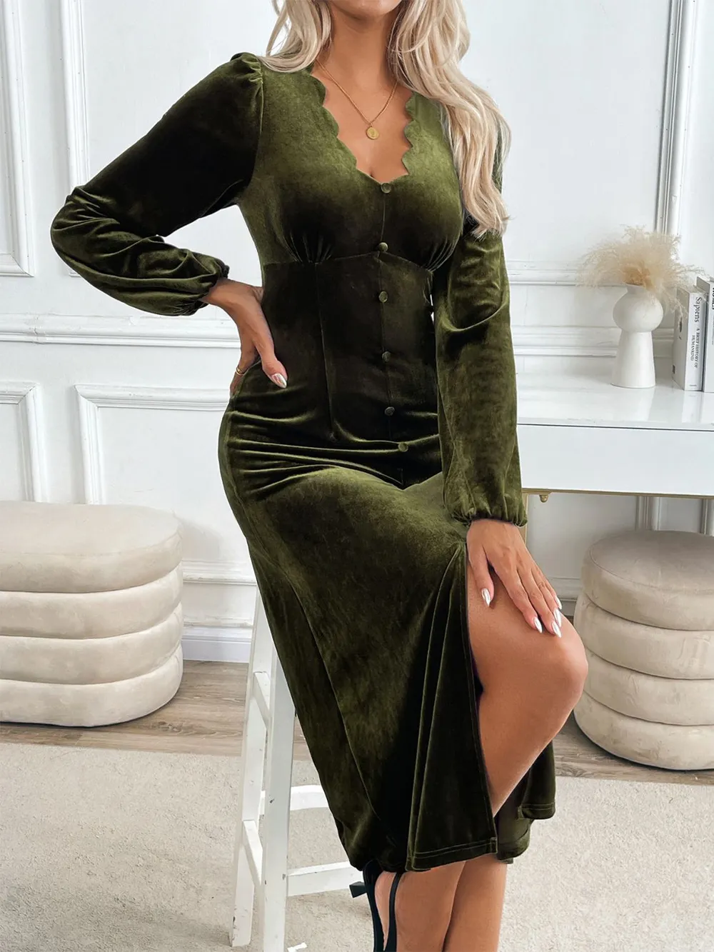 Slit V-Neck Long Sleeve Midi Dress, image 3