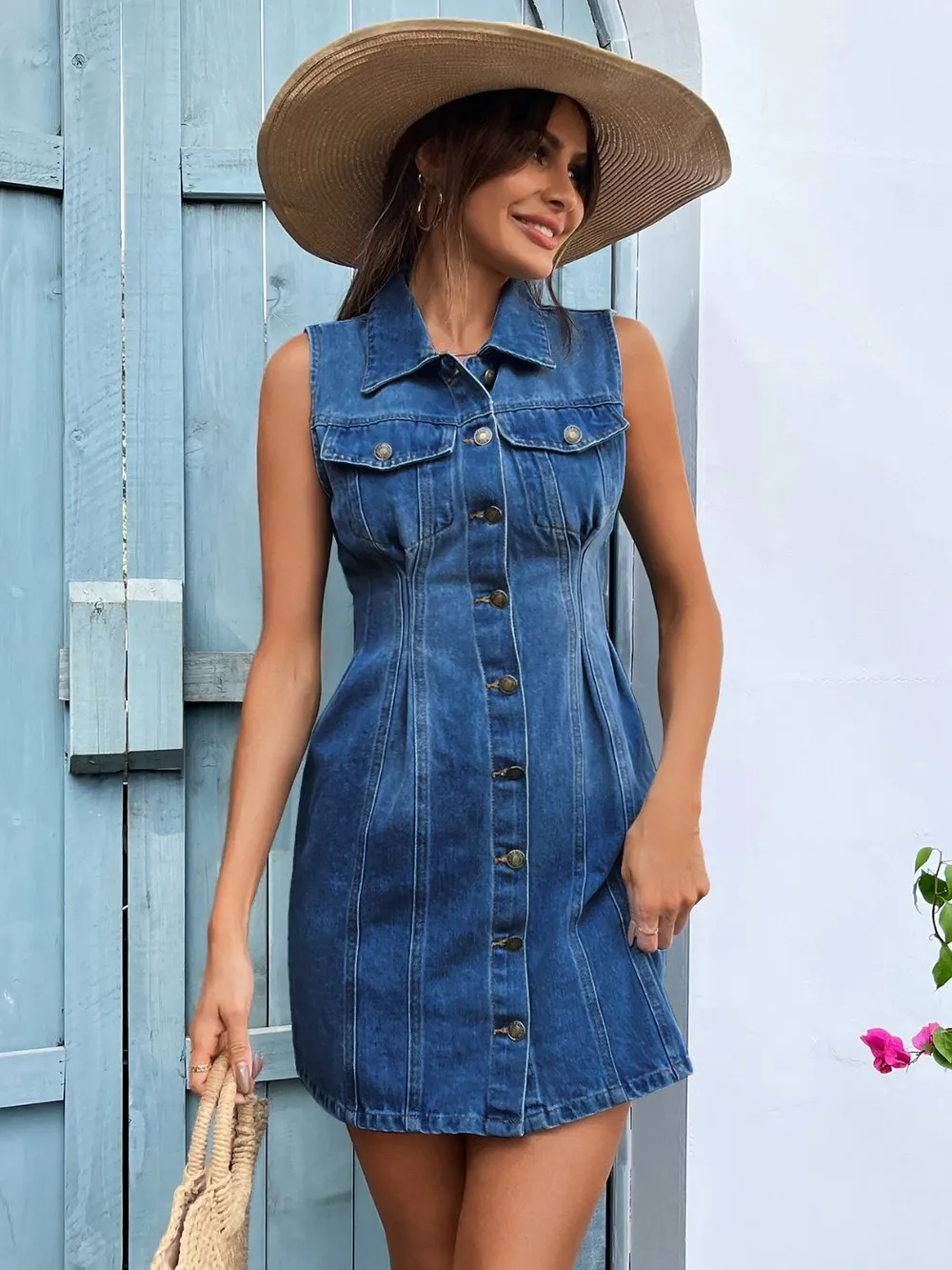 Pocketed Button Up Sleeveless Denim Dress, image 4