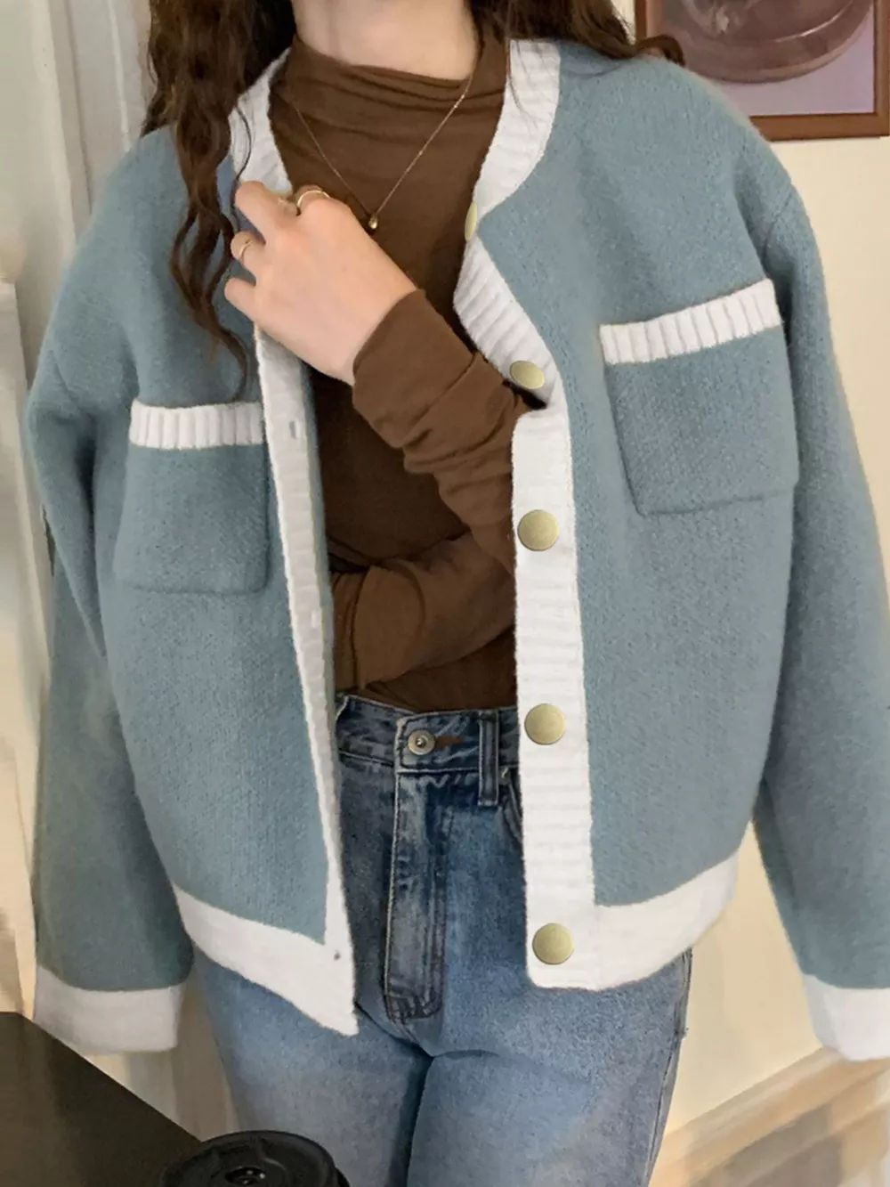Contrast Trim Button Up Cardigan, image 9