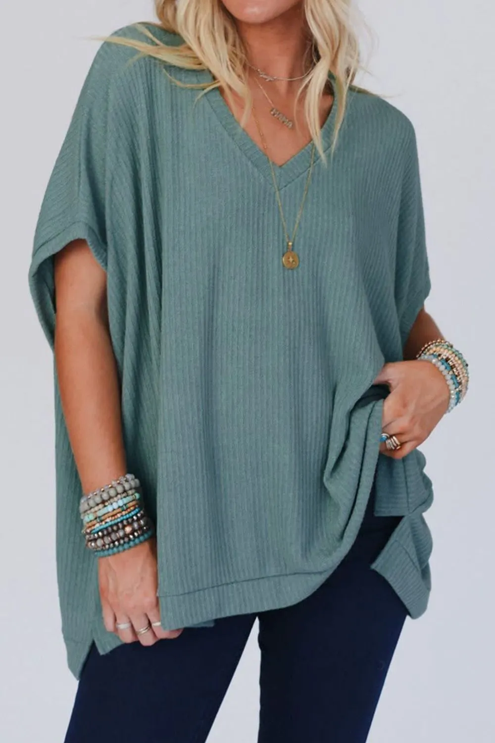 Oversized Ribbed Knit V Neck Dolman Short Sleeve Top, image 2