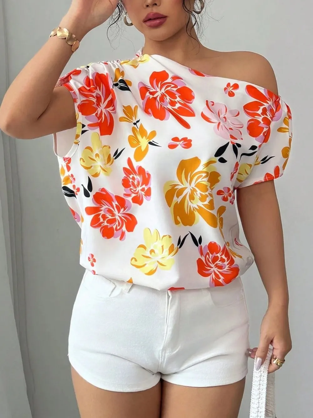 Floral Print One Shoulder Short Sleeve Blouse, image 3