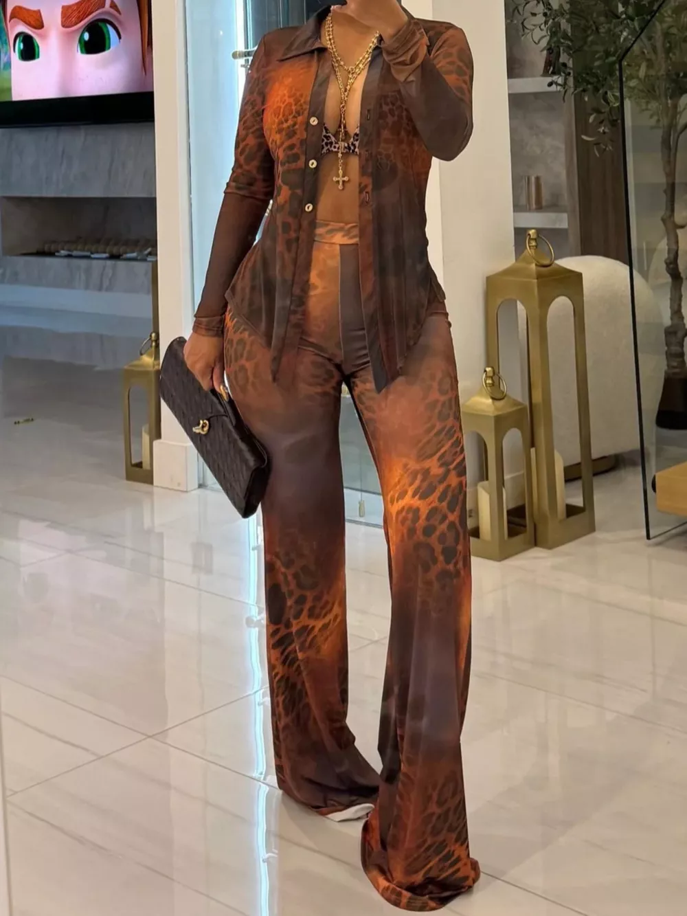 Printed Mesh Shirt and Pants Set, image 4
