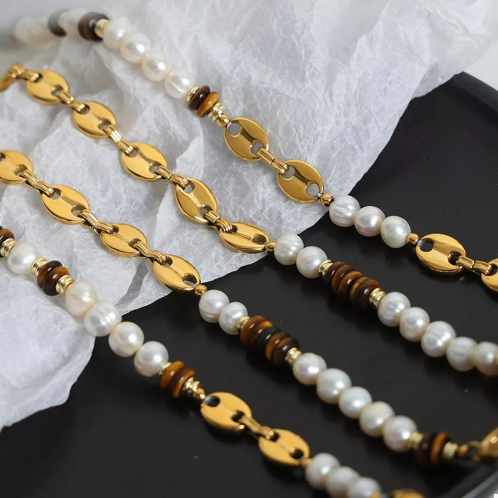 Tiger's Eye Freshwater Pearl 18K Gold-Plated Bead Necklace, image 5