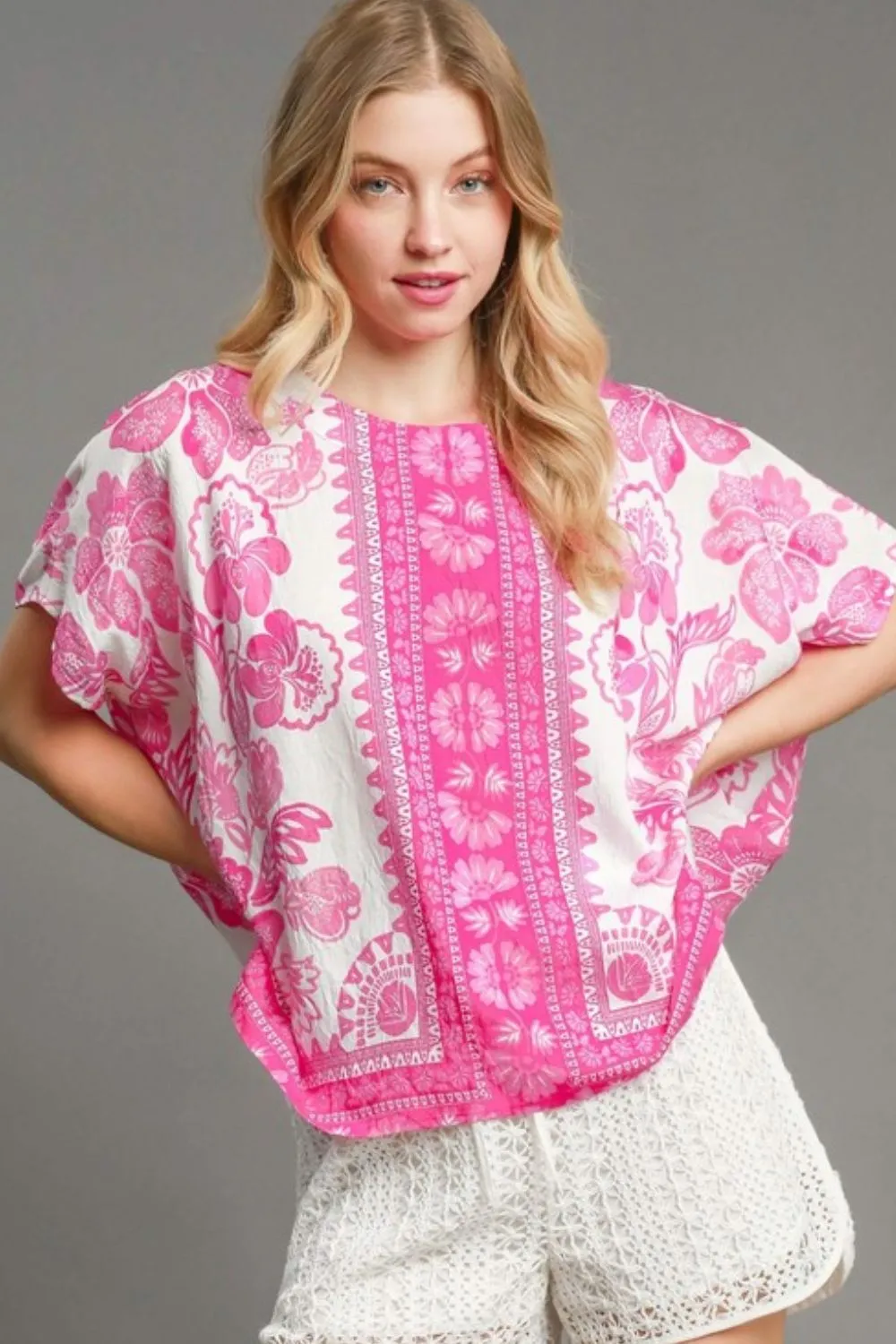 Full Size Floral Border Print Oversized Top Plus Size