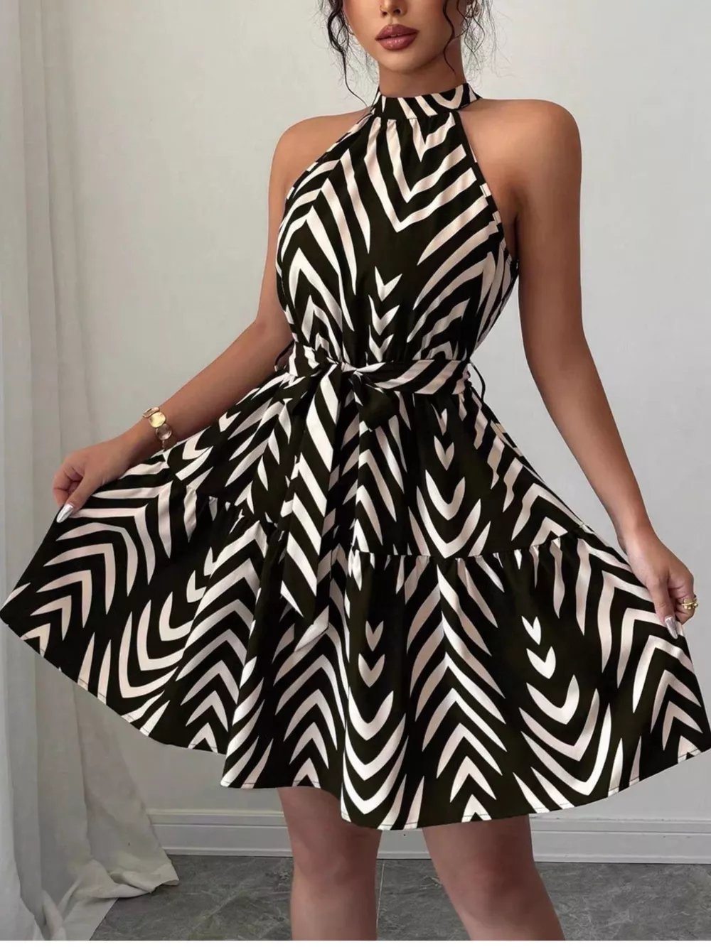Zebra Print Halter Neck Tie Waist Ruffle Hem Dress, image 4