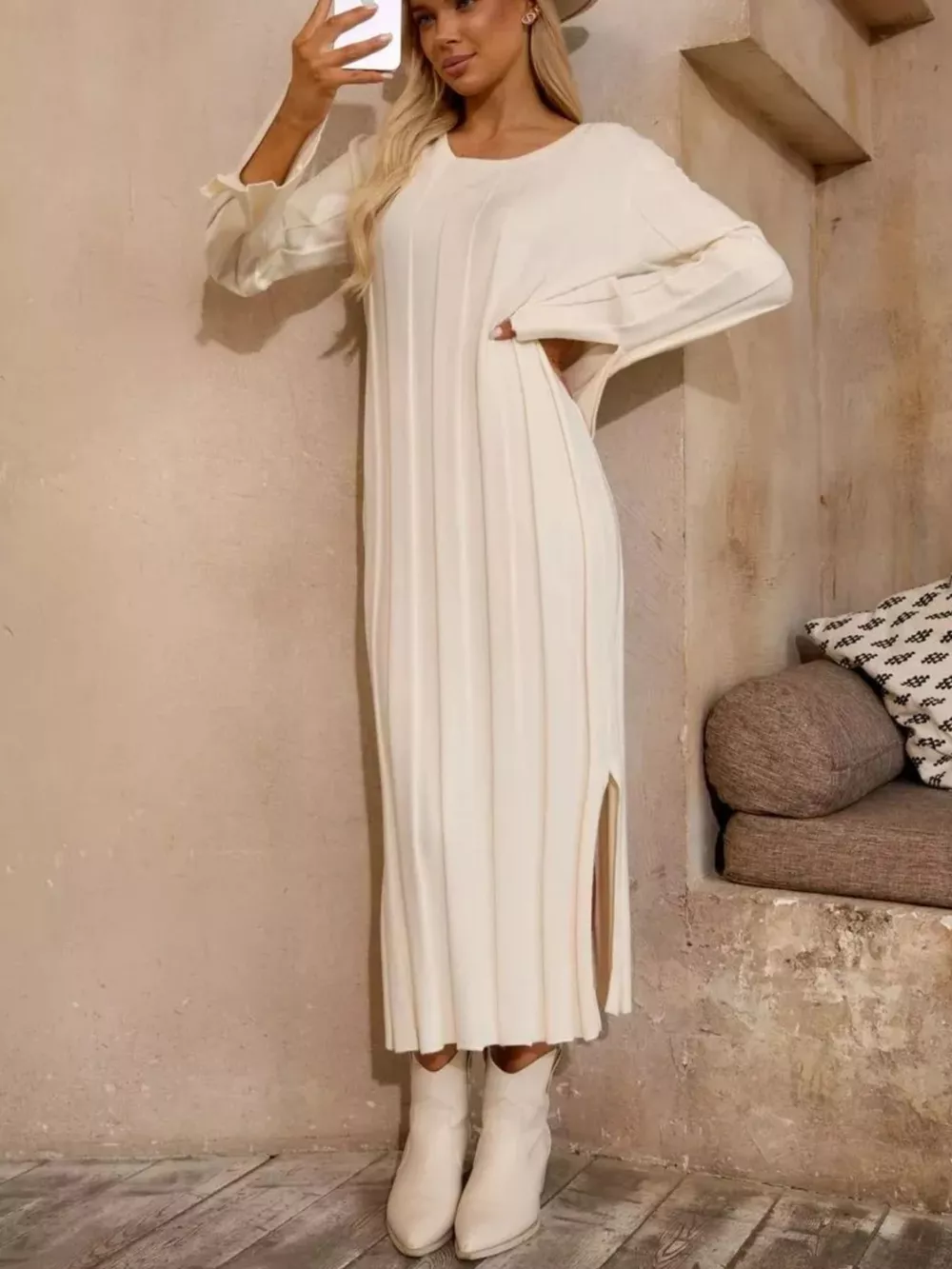 Ribbed Knit Slit Sweater Dress, image 2