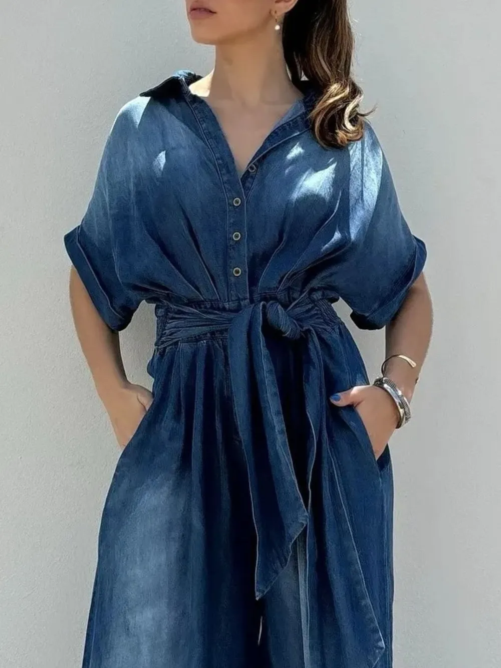 Button Front Wide Leg Denim Jumpsuit, image 8