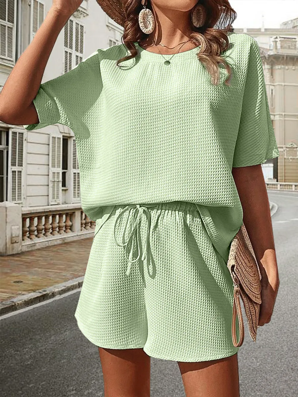 Waffle-Knit Half Sleeve Top and Shorts Set, image 20