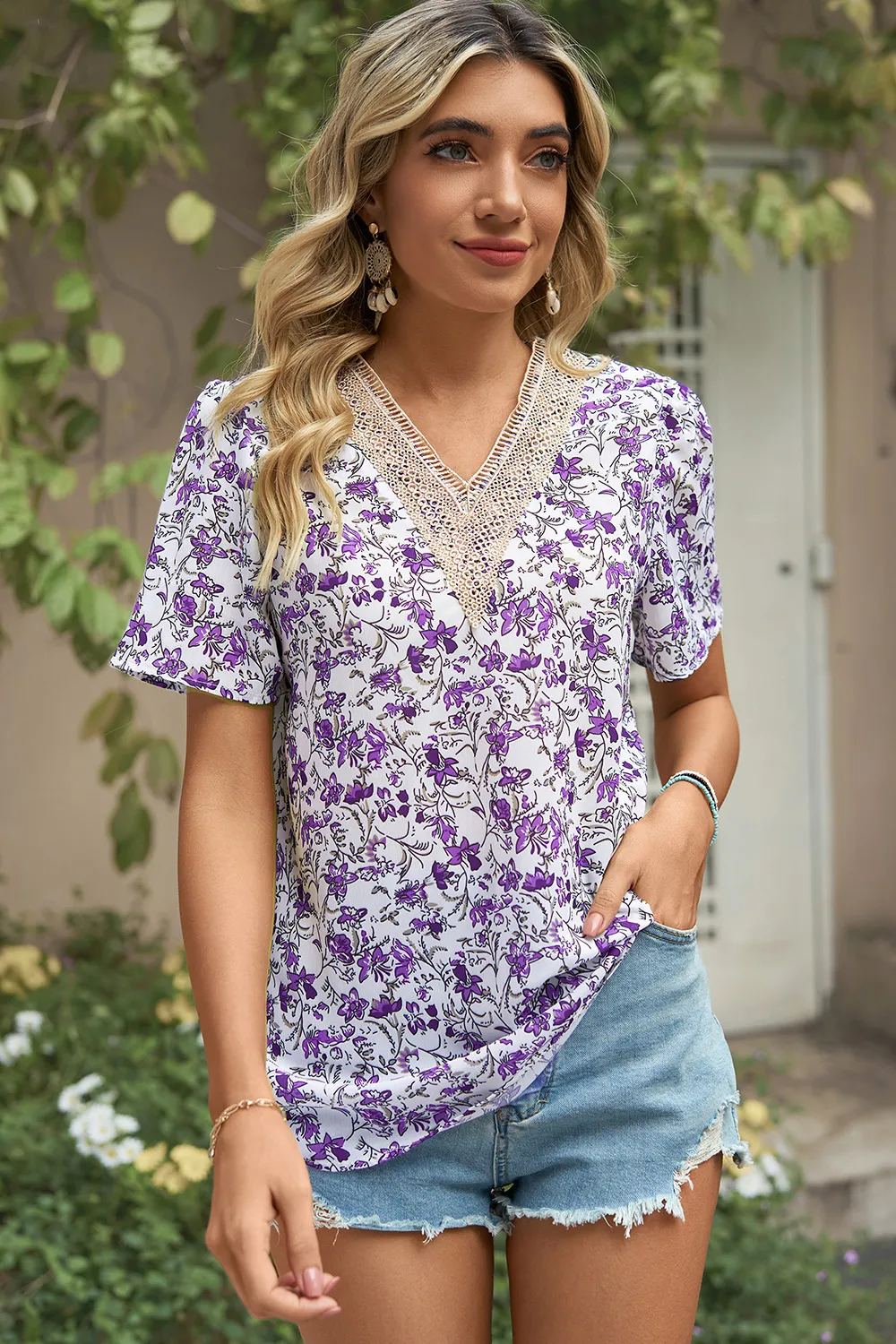 Floral V-Neck Short Sleeve T-Shirt, image 24
