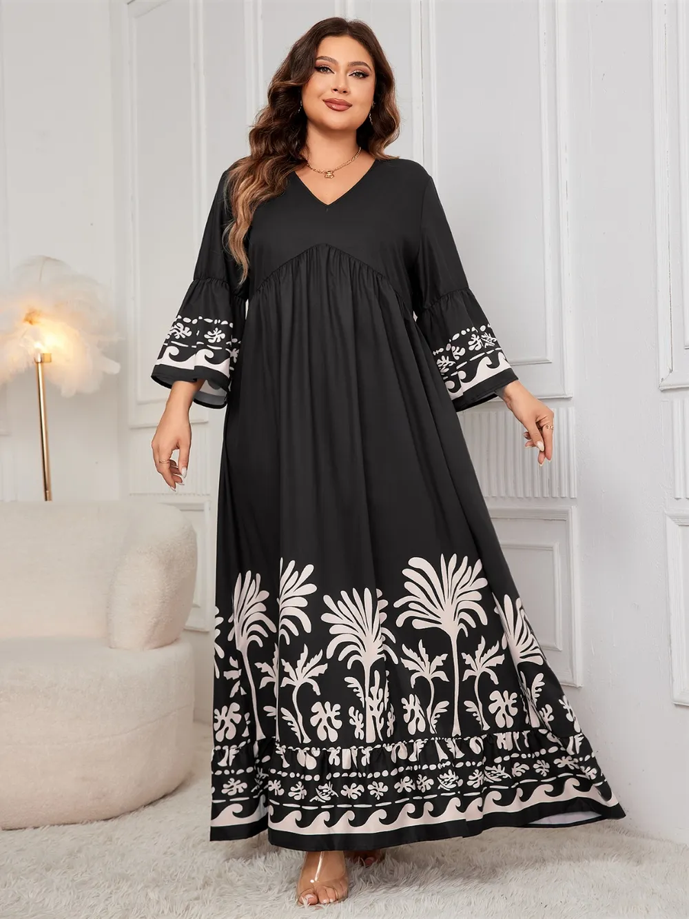 Plus Size Printed V-Neck Long Sleeve Maxi Dress, image 3