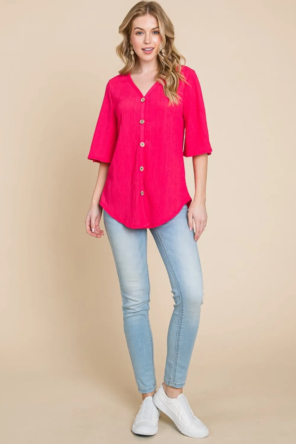 Texture Decorative Button V-Neck Top, image 4