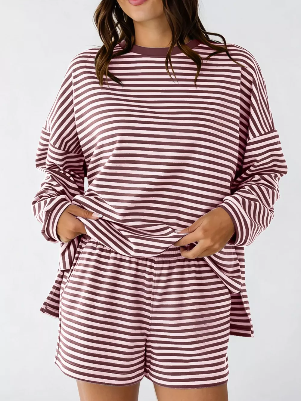 Casual Striped Long Sleeve Top and Shorts Set, image 6