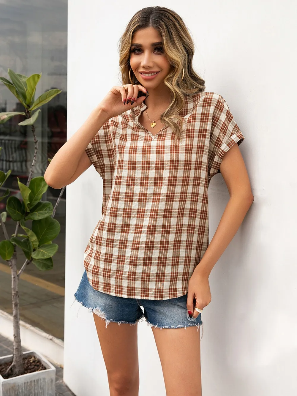 Plaid Notched Short Sleeve Blouse, image 2