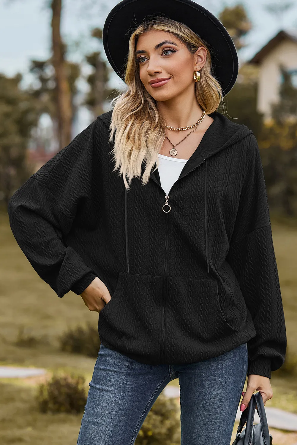 Drawstring Zip Up Dropped Shoulder Hoodie, image 15