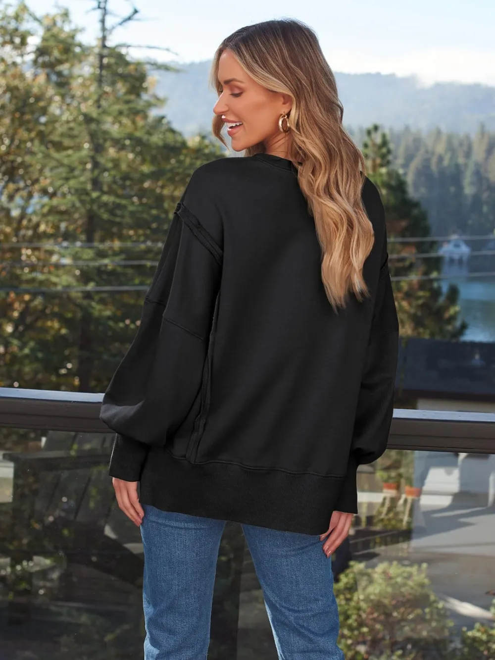 Slit Round Neck Long Sleeve Sweatshirt, image 20