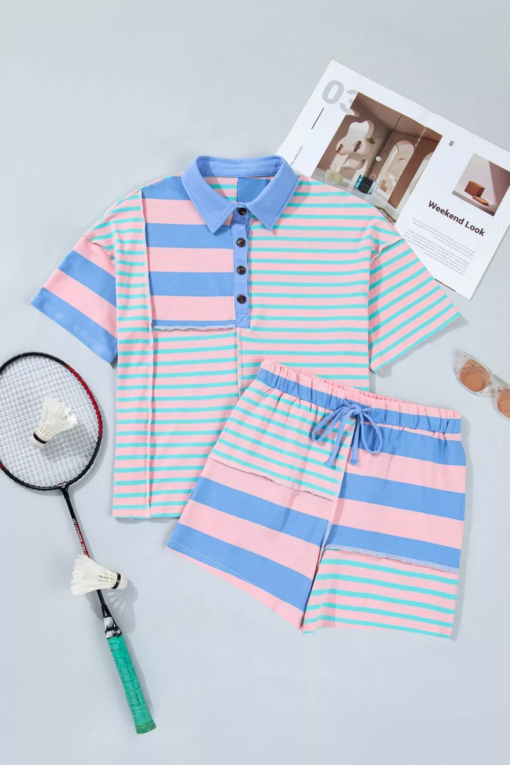 Stripe Exposed Seam Mixed Patchwork Loose Short Set, image 3