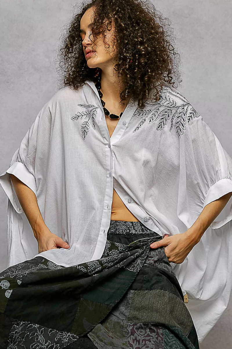 Button Down Embroidered Floral High-Low Hem Shirt, image 2