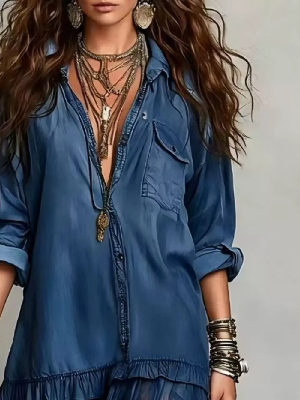 Full Size Tiered Long Sleeve Denim Shirt Maxi Dress Plus Size, image 6