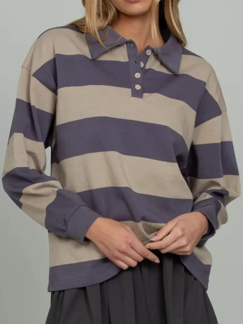 Striped Polo Collar Sweatshirt with Button Details, image 5
