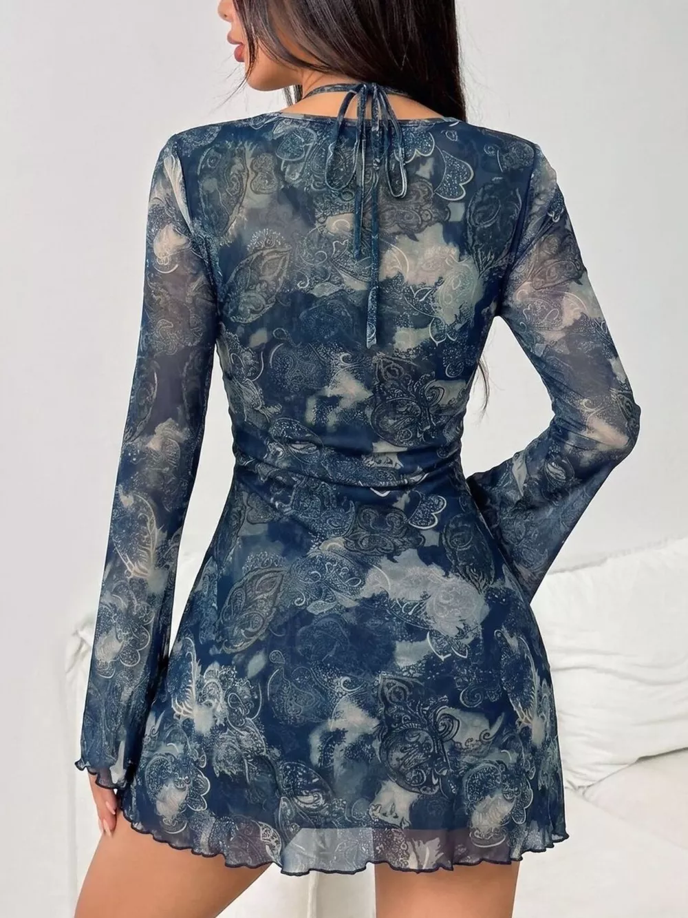 Mesh Long Sleeve Cutout Mini Dress, image 4
