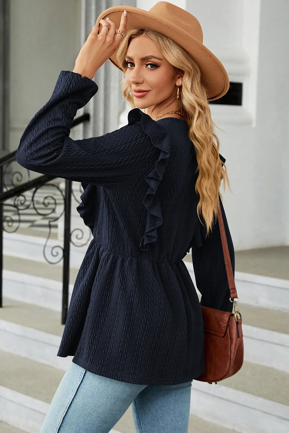 Ruffled Round Neck Balloon Sleeve Blouse, image 7