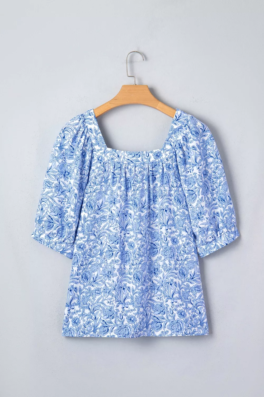 Square Neck Short Puff Sleeve Pleated Floral Blouse, image 10