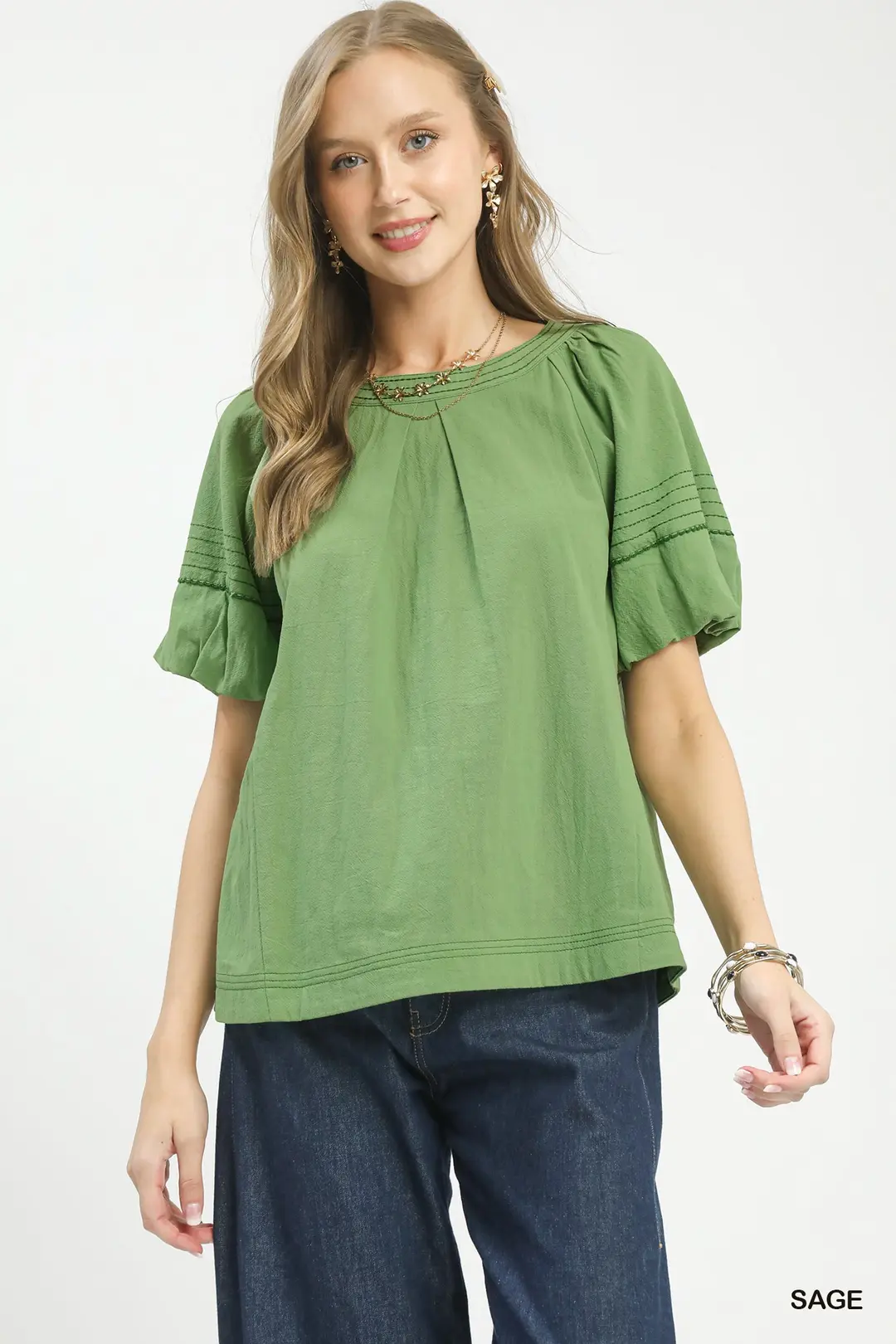 Round Neck Puff Sleeve Top with Contrast Stitch Detail